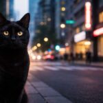 都会の夕暮れの街並みに溶け込む、丸い表情の黒猫。ネオンと街灯の反射が艶のある黒い毛並みを照らし、金色の瞳がこちらを見つめている横長ポートレート。A wide, cinematic portrait of a black cat with a soft, round expression blending into a modern city street at blue hour, glossy fur catching subtle neon reflections and amber-gold eyes in sharp focus.