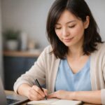 ノートとノートパソコンを前に静かに集中して作業する女性の横長ポートレート。ゾーンや集中力、仕事術をテーマにした記事用ビジュアル。 A horizontal portrait of a woman calmly focused on her work at a desk with a notebook and laptop, representing concentration, flow state, and productivity at work.