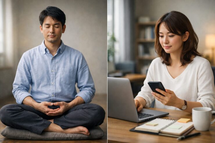 横長の分割写真。左は淡い光の部屋で、会社員風の男性があぐらで坐禅を組み目を閉じている。右はオフィスのデスクで、女性が書類に目を落として仕事に集中している。切り替えと集中の対比。Landscape split-screen photo: on the left, an office worker sits cross-legged with eyes closed in a calm, softly lit room; on the right, a woman focuses on paperwork at a desk in a bright office, contrasting calm reset and busy multitasking.