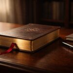 木のデスクに金小口の分厚い革装丁の古書。赤い栞とペン、ノートが並び、窓の柔らかな光が静けさを照らす。An antique leather bound book with gilt pages rests on a wooden desk with a ribbon, pen, and notebook in warm light.