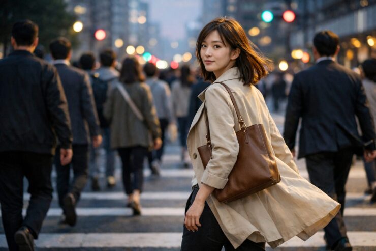 夕暮れの交差点で、群衆とは違う道へ踏み出しながら振り返るベージュのトレンチコートの女性。静かな決意と「自分の選択」を象徴する横長ポートレート。 A wide portrait of a woman in a beige trench coat at a city crosswalk at dusk, stepping away from the crowd and glancing back—quiet resolve and a self-chosen path.