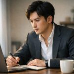 デスクでノートに書き込みながらノートPCを見つめる、ビジネスカジュアルの男性。窓からの柔らかな光と背景のボケが集中した仕事の空気を作っている（横長）。 / A business-casual man at a desk, writing in a notebook while looking at a laptop. Soft window light and a blurred background create a calm, focused work atmosphere (landscape).