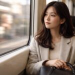 通勤電車の窓際に座り、街の流れを眺めながら考え事をする大人の女性の横長ポートレート。柔らかな自然光と浅い被写界深度で、落ち着いた表情にピントが合っている。 A horizontal portrait of an adult woman seated by a commuter train window, gazing at the blurred city outside in quiet thought, lit by soft natural window light with shallow depth of field.