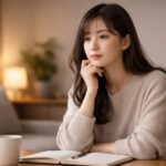 横長ポートレート。引っ越し準備を考えながら、ノートを見つめて思案する美人の女性。 Horizontal portrait of an attractive woman thinking while looking at her notebook, planning for a move.