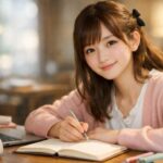 カフェの木のテーブルで、ノートに書き込みながら勉強する女性。ピンクのカーディガン、ノートPC、柔らかな灯りが継続の空気をつくる。A woman studies in a warm cafe, writing in a notebook beside a laptop.