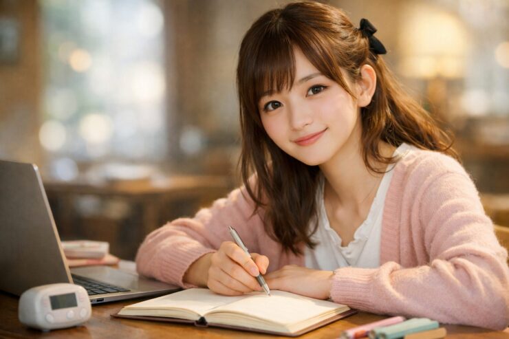 カフェの木のテーブルで、ノートに書き込みながら勉強する女性。ピンクのカーディガン、ノートPC、柔らかな灯りが継続の空気をつくる。A woman studies in a warm cafe, writing in a notebook beside a laptop.