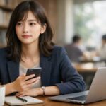 カフェでスマホとノートパソコンを前に、会話のメッセージを考えながら静かに相手を見つめる大学生女性。コミュニケーションの取り方に悩みつつ、一歩踏み出そうとしている様子 / A young university woman in a cafe holding her phone between a laptop and a notebook, thinking about how to communicate and looking slightly away with a calm, thoughtful expression