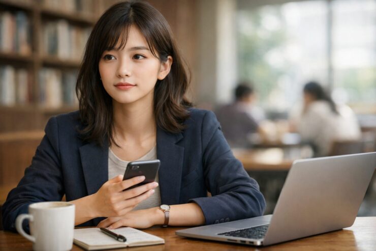 カフェでスマホとノートパソコンを前に、会話のメッセージを考えながら静かに相手を見つめる大学生女性。コミュニケーションの取り方に悩みつつ、一歩踏み出そうとしている様子 / A young university woman in a cafe holding her phone between a laptop and a notebook, thinking about how to communicate and looking slightly away with a calm, thoughtful expression