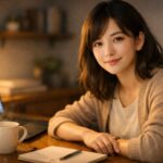 夜のリビングでノートパソコンを開き、AI副業で稼ぐ前に人間の習性について静かに考えている20代女性フリーランスの横長ポートレート / A young female freelancer working on her laptop at night in a cozy living room, reflecting on human behavior before trying to make money with AI side hustles