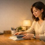 暖かい灯りのデスクで、本とノートを重ねて机を整える女性。継続しやすい環境づくりを象徴する一枚。 A woman tidies her desk by stacking books and notebooks under warm lamp light, symbolizing an environment that supports consistency.