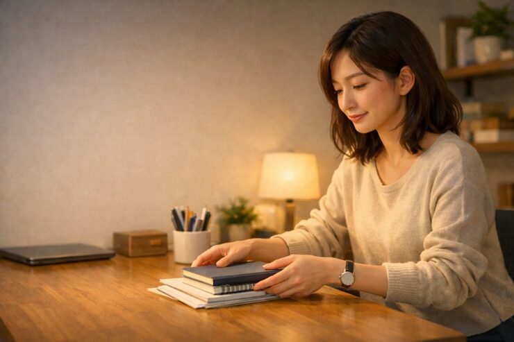 暖かい灯りのデスクで、本とノートを重ねて机を整える女性。継続しやすい環境づくりを象徴する一枚。 A woman tidies her desk by stacking books and notebooks under warm lamp light, symbolizing an environment that supports consistency.