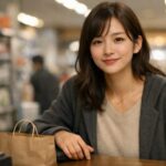 若い女性が店のカウンターで穏やかに微笑み、買い物袋が置かれている（接客態度・店員対応の印象）。 / A young woman smiles softly at a store counter with a small shopping bag, suggesting customer service and behavior toward staff.
