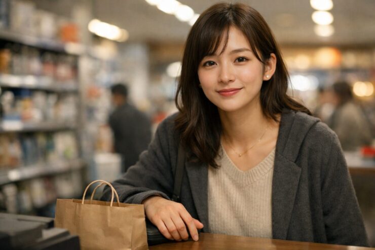 若い女性が店のカウンターで穏やかに微笑み、買い物袋が置かれている（接客態度・店員対応の印象）。 / A young woman smiles softly at a store counter with a small shopping bag, suggesting customer service and behavior toward staff.