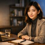 夕暮れのワークスペースで、ノートとPCを前に静かに思考を整える女性。論理的に考える人の内側の順番を象徴する横長ポートレート。 A wide portrait of a woman calmly organizing her thoughts at a desk at dusk, symbolizing the inner order behind logical thinking.