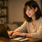 夜の部屋でノートPCに向かい、少しほっとした表情でタイピングを始める20代の女性。マグカップとノートが置かれた木の机と暖色のライトが、遊び半分で十分だけ触れてみるという記事テーマの「軽さ」と続ける力を静かに伝えている横長ポートレート。 Horizontal portrait of a woman in her late twenties sitting at a wooden desk at night, gently smiling as she starts typing on her laptop. A mug, notebook, and warm desk lamp create a cozy atmosphere that reflects the article theme of protecting consistency by starting with a light ten minute half play session.