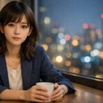 残業続きで少し疲れた表情の女性会社員が、夜のオフィスでノートパソコンを見つめながらこれからの生き方を考えている横長ポートレート。 A young Japanese office worker stays late at the office, staring at her laptop in a 16:9 landscape portrait, looking exhausted yet quietly determined to turn her despair into real inner strength.