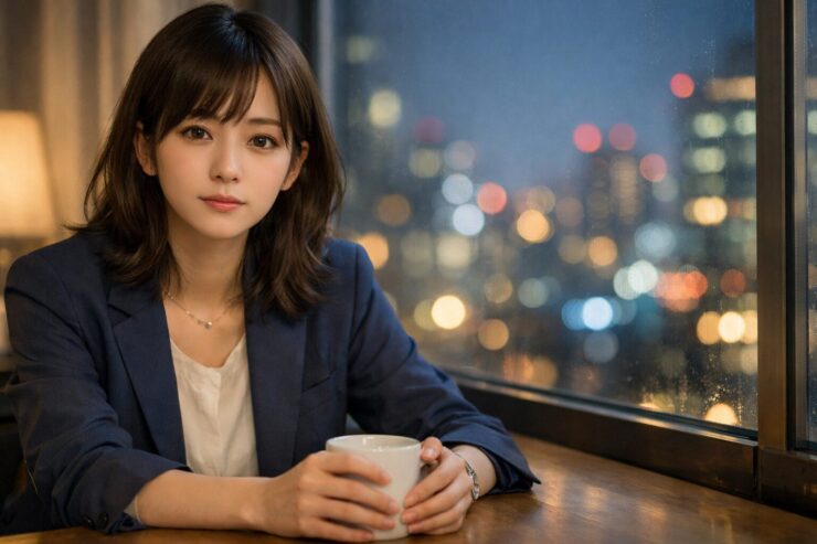 残業続きで少し疲れた表情の女性会社員が、夜のオフィスでノートパソコンを見つめながらこれからの生き方を考えている横長ポートレート。 A young Japanese office worker stays late at the office, staring at her laptop in a 16:9 landscape portrait, looking exhausted yet quietly determined to turn her despair into real inner strength.