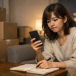 引越し準備の段ボールが積まれた部屋で、若い女性がスマホをうつ伏せに置き、深く息を吐きながらほっとした表情でノートを開いている。知らない番号に怯えずに、引越しの段取りを自分のペースで整えようとしている様子。 A young woman sits in a small room with moving boxes, her phone placed face down as she exhales in relief and opens a notebook, trying to plan her move in her own rhythm without being scared of unknown calls.