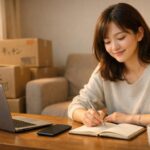 肩の力を抜いた私服の女性が、新居のダイニングテーブルでノートPCとスマホを前に、引越しの連絡を減らすためのチェックリストを見直している。段ボールが背景に少し見え、落ち着いた表情で設定を整える様子。 A young woman in casual homewear sits at her new apartment’s dining table, reviewing a checklist on her laptop while her smartphone lies face down beside it, cardboard boxes softly blurred in the background as she calmly adjusts her settings.