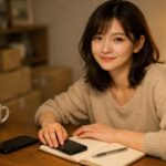 引越しの見積もり電話を終えて、スマホを裏返したまま小さなテーブルに座る女性。ほっとした表情でカップに手を添え、新生活の段取りを静かに整えている。 A young woman sits at a small table with her phone placed face down beside her cup, looking quietly relieved after finishing moving estimate calls, ready to plan her new life at her own pace.