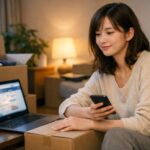 段ボールに囲まれたワンルームで、二十代の女性がノートパソコンとチェックリストを見ながら引越しの見積もりと新生活の予定を整理している。柔らかい午後の光が頬と箱を照らし、不安と期待が混ざった表情が写っている。 A young woman in her twenties sits on the floor of a small apartment, surrounded by moving boxes, reviewing moving quotes and a handwritten checklist on her laptop as soft afternoon light highlights her face, where worry and quiet hope coexist.