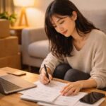 引越し前のリビングで、段ボールに囲まれた女性がローテーブルの上の手帳とスマホを見比べながら、72時間で終わらせる引越し手続きのチェックリストを書き込んでいる。少し疲れた表情のまま、やることをひとつずつ整理している様子。 A young woman sits in her half packed living room, surrounded by moving boxes, calmly filling out a 72 hour moving paperwork checklist while checking her phone and planner.