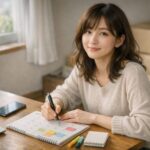 夕方の部屋で段ボールに囲まれた女性がカレンダーを見つめながら新生活の引越し日と手続きの順番を確認している。 In a warm evening room, a young woman surrounded by moving boxes checks her calendar and sticky notes to plan her move before prices rise.