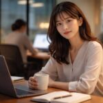 部署や上司と合わない中で静かに考える若い女性社員がデスク横に立ち、自分を守りながら働く方法を見つめ直している場面。Soft office light on a young Japanese office worker standing by her desk, thinking about healthier ways to work and protect herself.