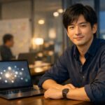 夜のオフィスでノートPCを前に穏やかに微笑む若い会社員。人柄でつながる社内ネットワークをイメージしたシーン。A young Japanese office worker sits beside a laptop showing a glowing network graphic, symbolizing trust based connections at work.