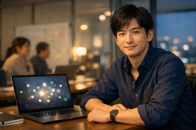 夜のオフィスでノートPCを前に穏やかに微笑む若い会社員。人柄でつながる社内ネットワークをイメージしたシーン。A young Japanese office worker sits beside a laptop showing a glowing network graphic, symbolizing trust based connections at work.