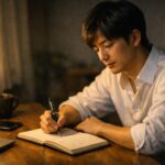 仕事でミスした後の夜、自宅デスクでノートに3ステップの振り返りメモを書き込む若い男性。温かなデスクライトに照らされ、落ち込みながらも気持ちを立て直そうとしている様子を切り取った横長ポートレート。 A young Japanese man sits at his desk at night, writing a three step reflection memo after a mistake at work, warm lamplight softening his tired yet quietly recovering expression in a wide horizontal portrait.