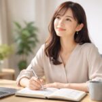 会社帰りのオフィスでノートPCに向かい、小さな笑みを浮かべながらメモを書く若い日本人女性。ビルの灯りとデスクライトに照らされ、少し前までの自己否定から一歩抜け出したような穏やかな表情が印象的。 A young Japanese woman sits at her office desk after work, writing in a small notebook beside her laptop, city lights and a warm desk lamp tracing the calm, newly confident look on her face.