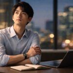 会社で頼まれごとを断れずにきた若い男性が、オフィスの窓際で小さく息を整えながら、自分を守るためのゆるい境界線を心に引き直している横長ポートレート。A young Japanese man in office wear stands by the window in soft evening light, looking forward with a calm yet determined gaze as he decides to set gentler boundaries at work.