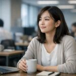 職場の空気が重い中でも、早朝の窓際でひとり静かに息を整える女性社員の横顔。机から少し距離を取り、自分の心を守るように遠くを見つめている。A Japanese office woman in her early thirties sits by the window in a dim office, looking outside with a calm but tired gaze, keeping a gentle distance from her desk to protect her inner peace.