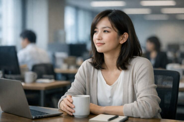 職場の空気が重い中でも、早朝の窓際でひとり静かに息を整える女性社員の横顔。机から少し距離を取り、自分の心を守るように遠くを見つめている。A Japanese office woman in her early thirties sits by the window in a dim office, looking outside with a calm but tired gaze, keeping a gentle distance from her desk to protect her inner peace.