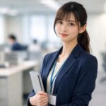 部署のデスクでノートPCに向かう新入社員の日本人女性。少し緊張しながらも微笑み、書類とペンを前に第一印象を大事にしようとしている瞬間。 A young Japanese new employee sits at her office desk with a laptop, softly smiling as she prepares documents and tries to make a good first impression in her first week.