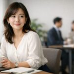 静かなオフィスでノートパソコンとノートを前に座る若い女性が、少しだけ肩の力を抜いた表情で手元のマグカップに触れている構図。数字には出ない人柄評価をゆっくり育てていこうと一息ついている瞬間。 A young woman sits at her desk with a laptop and notebook, fingertips resting on a mug, her slightly tired but gentle gaze suggesting a quiet resolve to grow the kind of character that never shows up in numbers.