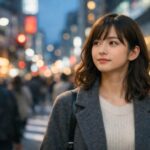 雑踏の夜の街をうつむきがちに歩く若い日本人女性。スマホを手に、SNSで他人と自分を比べて心がすり減りながらも、自分の基準を取り戻そうとしているイメージ / A young Japanese woman walking through a crowded city street at night, phone in hand, looking down with a tired expression, symbolizing the exhaustion of constant social comparison and the quiet search for her own standard in the social media era