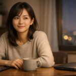 肩を少し前に傾けた女性が、夜のリビングでノートにやめたい習慣を書き出している。ノートパソコンの光とデスクライトが静かな決意を照らす。 A young woman leans over her notebook at night, listing habits to stop while her laptop and a warm desk lamp cast soft light on her focused face and quiet resolve.