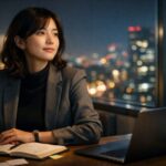 自分の後悔を胸に抱えながらも、夜の街で前を見据え、野心で未来を書き換えようとしている若い女性の横長ポートレート / A young woman in the city at night, looking ahead with a determined gaze as if burning away her regret with new ambition, wide horizontal portrait