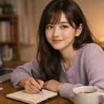 夜の小さな部屋で木のデスクに座り、閉じたノートPCの横で手帳にタスクを書き出している二十代前半くらいの日本人女性。スマホは伏せて置かれ、先延ばしをやめるために今夜やる一つの行動に静かに集中している様子。｜A young East Asian woman sits at a wooden desk in a small room at night, laptop closed and phone face down, calmly writing a simple to do list in her notebook as a first small step to stop procrastinating.