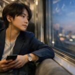 時間を切り売りする働き方から抜け出したいと願いながら、朝の通勤電車でスマホの予定表を見つめる若い社会人の横長ポートレート。時間持ちになることがこれからのお金の土台になるイメージ Young professional on a morning commuter train, staring at a schedule on their phone, thinking about escaping a life of selling time and becoming time-rich as the real starting line for building wealth