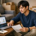 段ボールに囲まれたワンルームで、引越し代の一括見積もりサイトをノートPCで比較する20代男性の横長ポートレート｜Young man in a small room full of moving boxes, comparing moving company quotes on his laptop to cut moving costs