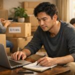 家族の引越し費用の見積もりをノートパソコンで比較する30代の父親と、段ボールにラベルを貼るパートナーと子どもがいるリビングの様子 A father in his 30s comparing family moving quotes on a laptop in a living room filled with labeled moving boxes, with his partner and child in the softly blurred background