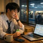 家からフルリモートや転職を考えながら、狭いワンルームのデスクで通勤時間と家賃を見直している20代後半の日本人ビジネスパーソンの朝の様子。ノートPC画面には路線図やスケジュールが映り、スーツ姿に緩んだネクタイのまま、引越しやリモートワークに踏み出すか真剣に考えている雰囲気。 A late-20s East Asian office worker sits at a small desk in a cramped studio apartment at dawn, wearing a white shirt with a loosened tie, looking at a laptop showing train routes and schedules, quietly rethinking commuting time, rent, and the option of moving closer to work or going fully remote.