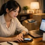 繁忙期の引越しで一括見積もりサイトを使い、夜のダイニングテーブルで複数社の料金と日程を比較している働く女性の横長ヘッダー写真 / Busy career woman sitting at her dining table at night using a moving quote comparison site to check multiple prices and dates during the peak moving season