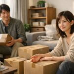 段ボールに囲まれた新居のリビングで同棲の引っ越し準備をする日本人カップルが、午後の日差しの中で優しく微笑み合っている横長ポートレート A young Japanese couple preparing to move in together in a sunlit living room, smiling at each other among cardboard boxes