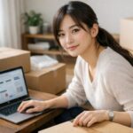 新しいワンルームで段ボールに囲まれながらノートPCで自力引越しか業者依頼かを比較するキャリア女性の横長ポートレート / Landscape portrait of a young East Asian career woman in her new one-room apartment, surrounded by moving boxes and comparing self-moving versus hiring movers on her laptop