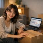 会社を辞める前に引っ越しを考える若い女性が、夜のワンルームで段ボールとノートPCを前に床に座り、少しほっとした表情でこちらを見つめている写真 / A young woman in a small apartment at night sits on the floor with her laptop and cardboard moving boxes, looking quietly relieved as she thinks about moving before quitting her job.