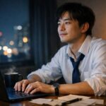 冷笑をやめて熱意を選ぶことを静かに考えている若い男性の横長ポートレート、夜のデスクで画面の光を見つめている様子 / Horizontal wide portrait of a young man at his desk, gazing at the screen as he quietly chooses passion over cynicism